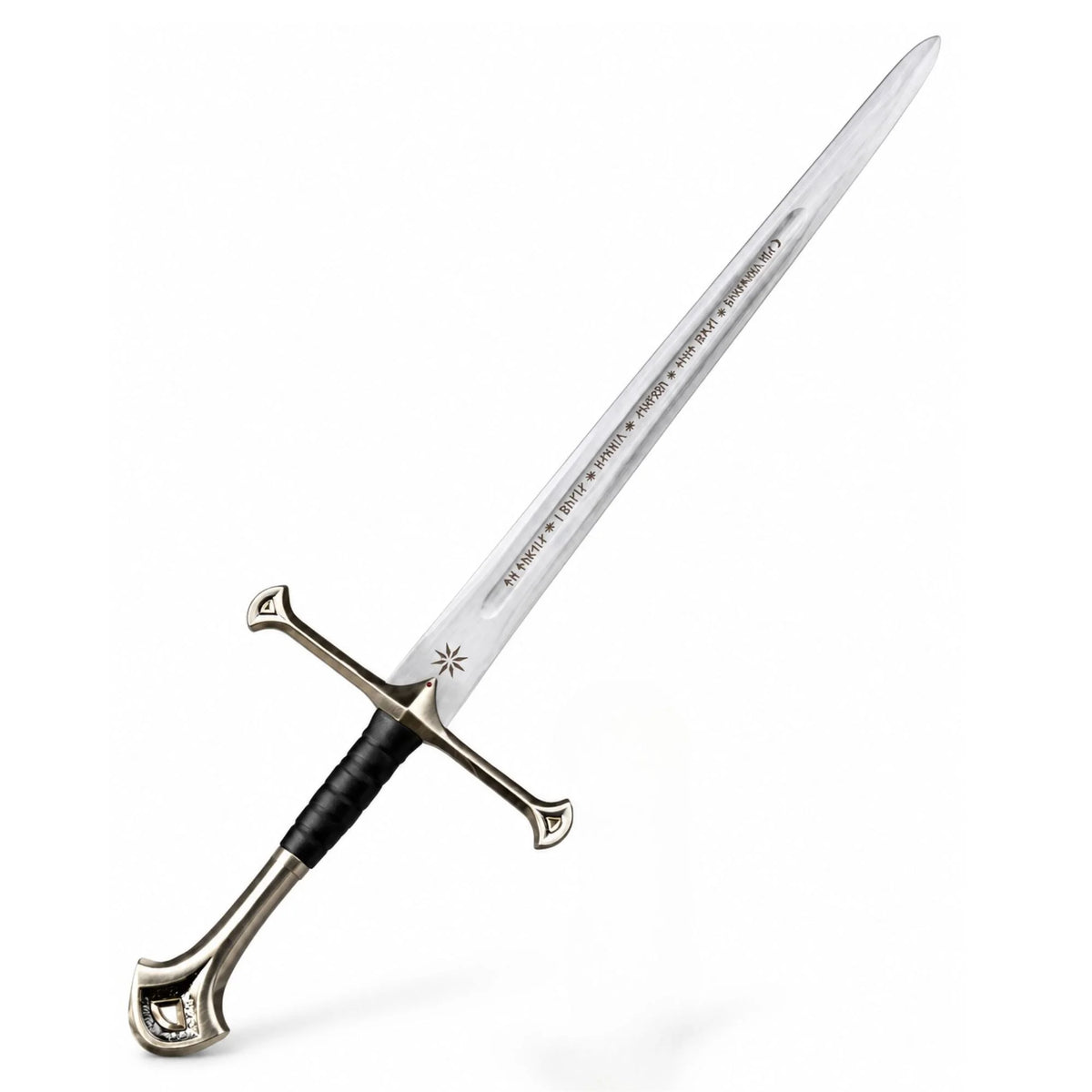A replica of the sword from Lord of the Rings, featuring a silver blade with 'LOVINGNESS & LOVER'S BOW' engraved, a black wrapped grip, and a silver crossguard and pommel, shown on a white background.