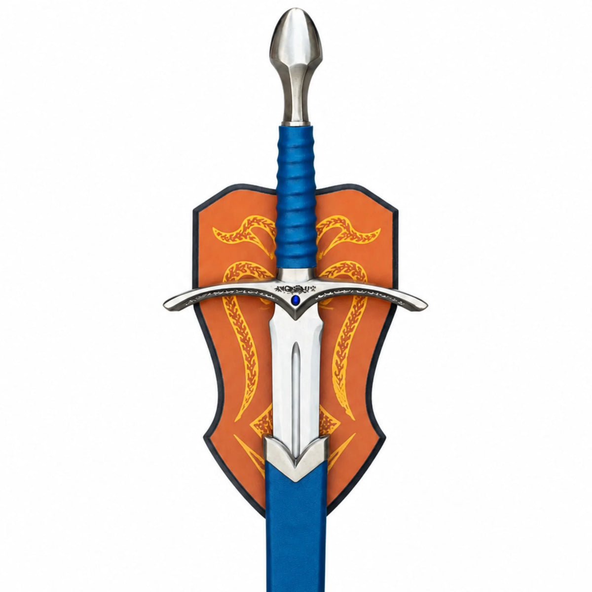 A decorative fantasy sword with a bright blue grip and silver blade, shown vertically against a shield featuring an orange and gold design.