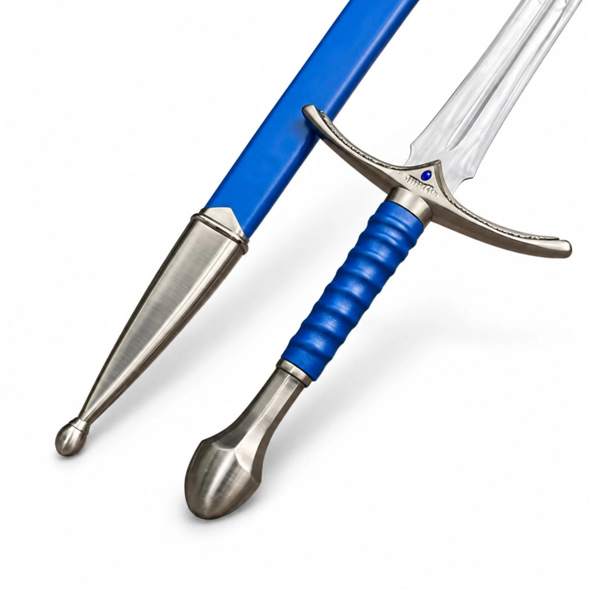 A medieval-style sword with a polished silver blade, silver crossguard and pommel, and a textured royal blue grip, shown alongside its matching blue scabbard on a clean white background.