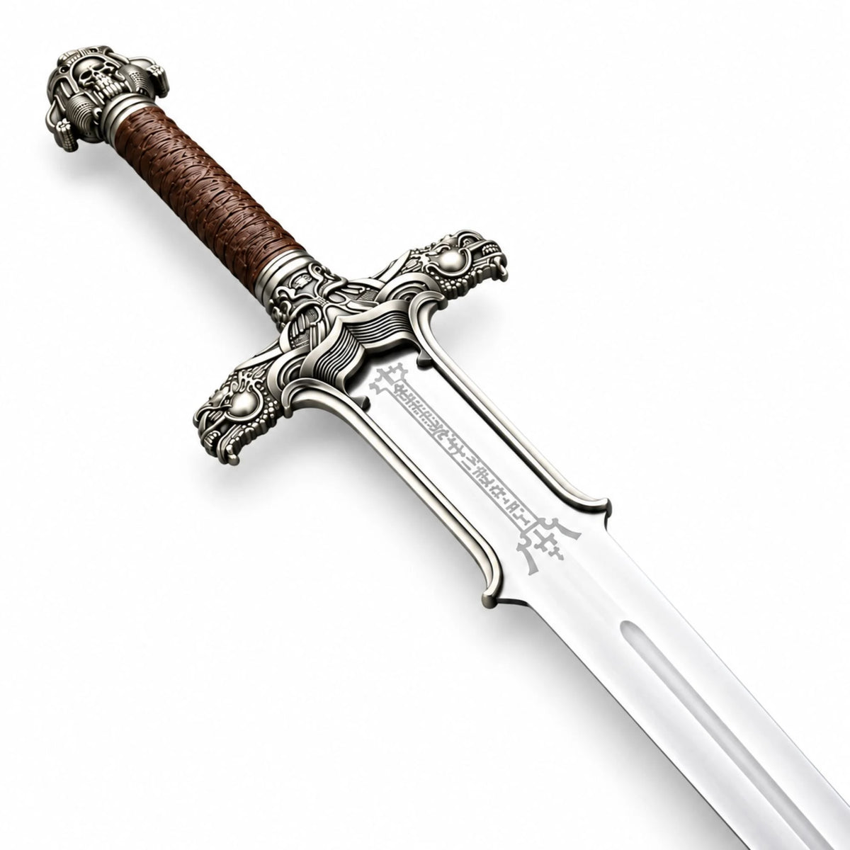 A silver-colored sword with a textured blue grip and matching blue sheath, displayed diagonally on a clean white background.