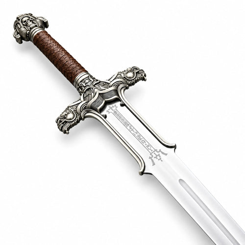 A silver-colored sword with a textured blue grip and matching blue sheath, displayed diagonally on a clean white background.
