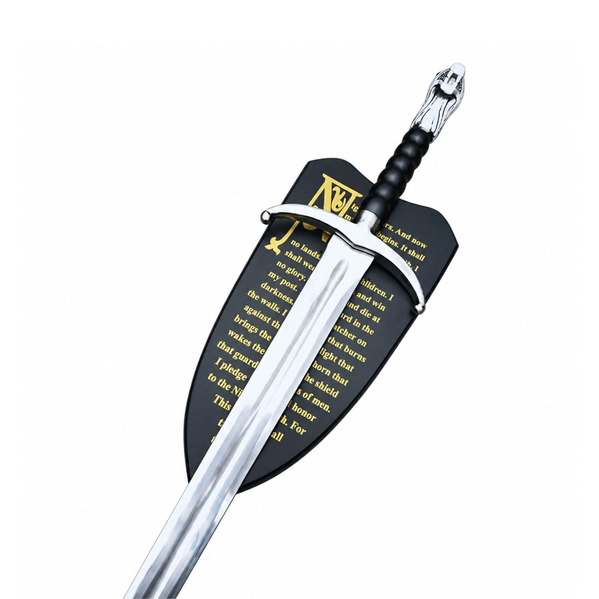 A decorative sword with a polished silver blade and a black handle, shown resting on a matching black scabbard with gold lettering, isolated on a white background.