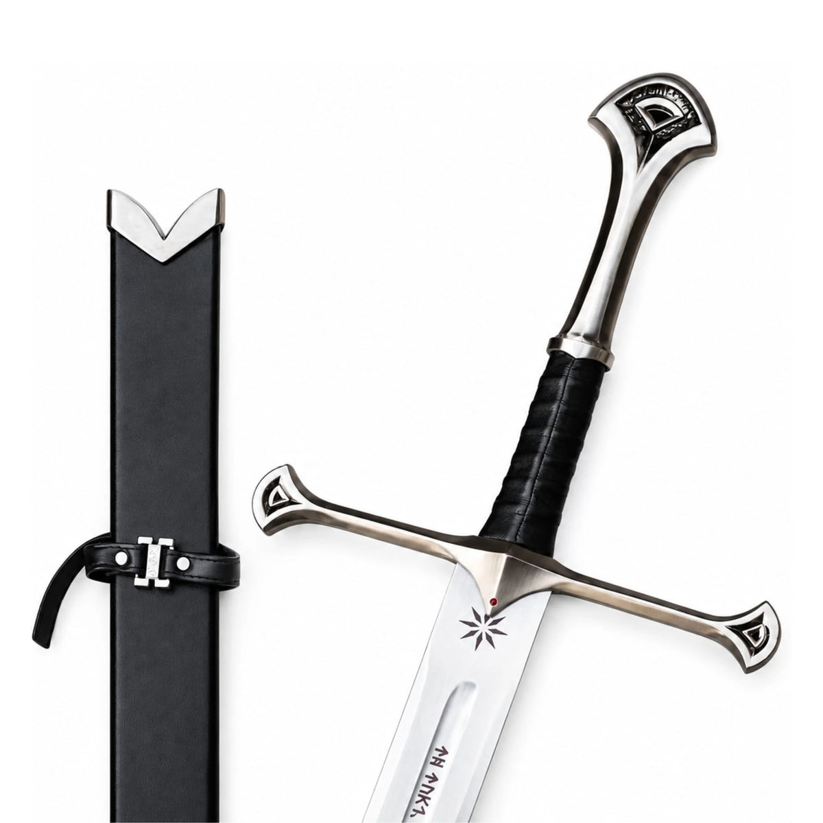 A decorative sword with a polished silver blade, black wrapped grip, and silver pommel, shown next to its black sheath with a silver V-shaped tip on a plain white background.