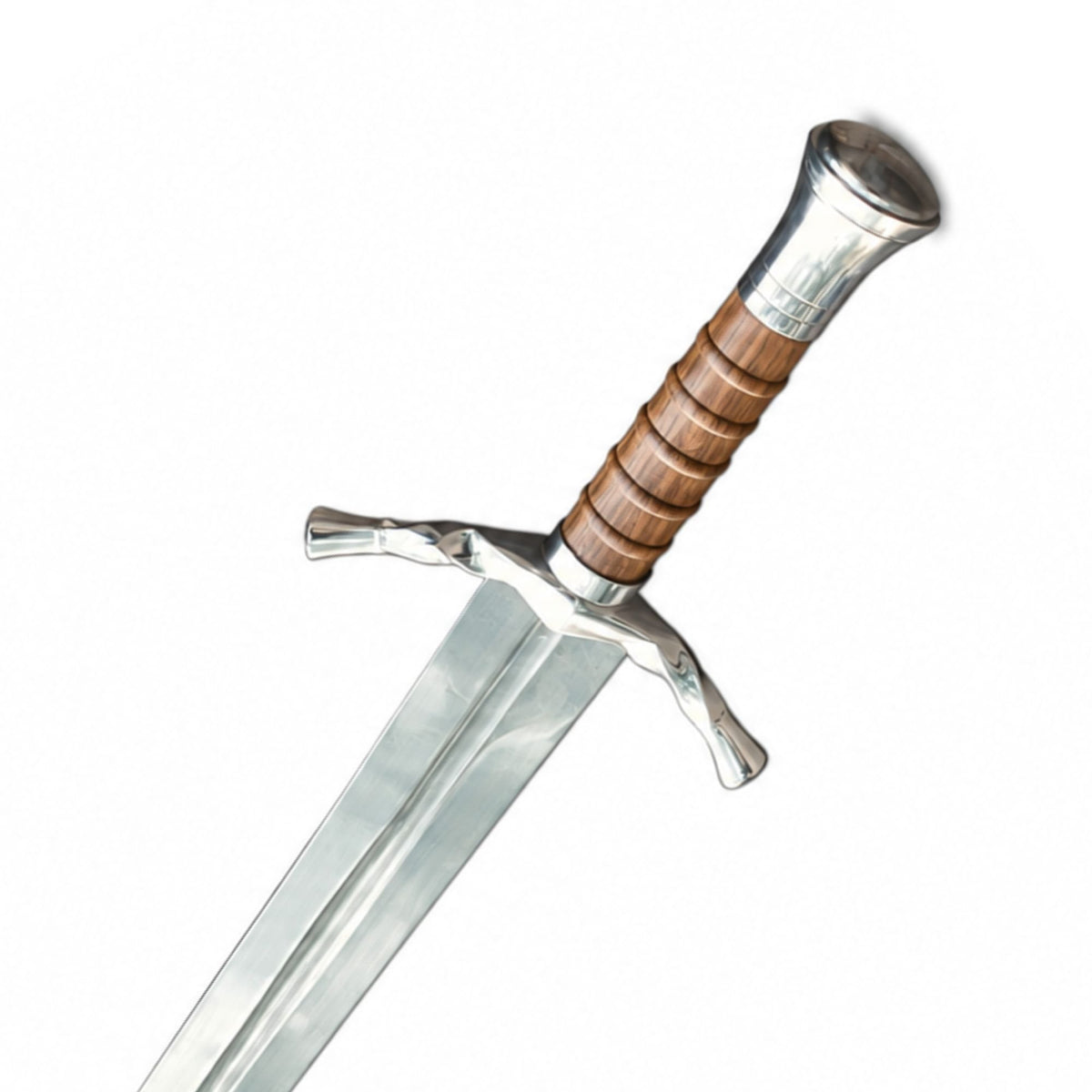 A medieval-style sword with a silver steel blade, crossguard, and pommel, featuring a brown wooden grip wrapped in metal rings, shown against a plain white background.