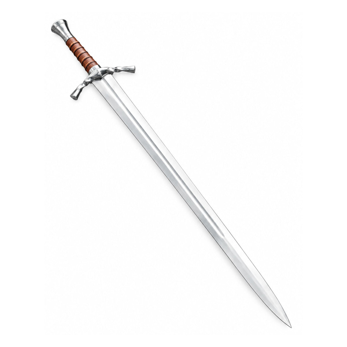 A medieval-style sword with a polished silver steel blade, a silver crossguard and pommel, and a brown wrapped grip, shown diagonally on a plain white background.