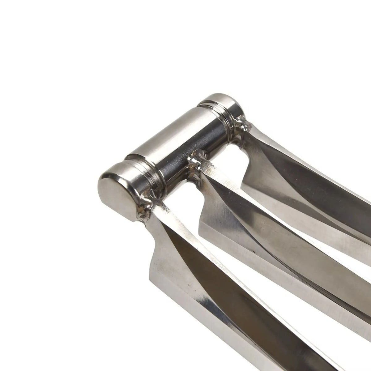 Close-up of a polished stainless steel kitchen utensil, showing the reflective metal surface and hinge detail against a plain white background.