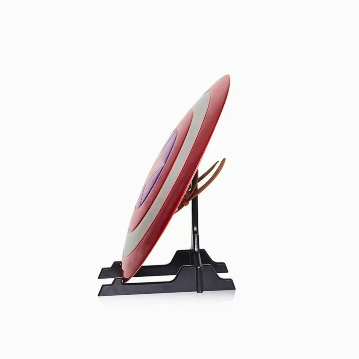 Captain America's shield displayed on a black stand against a plain white background.