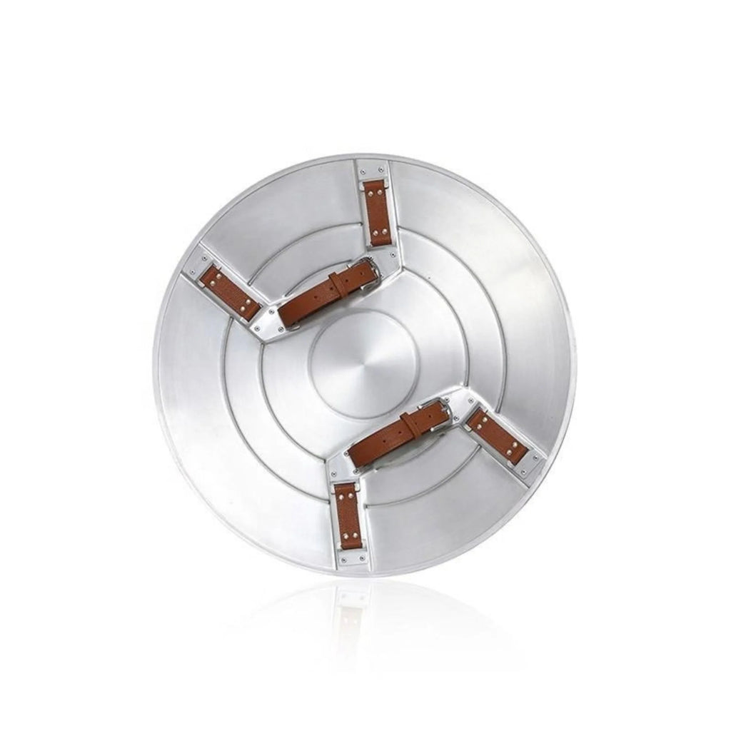 A round silver metal diffuser or reflector with three brown leather strap accents, shown from a top-down view on a white background.