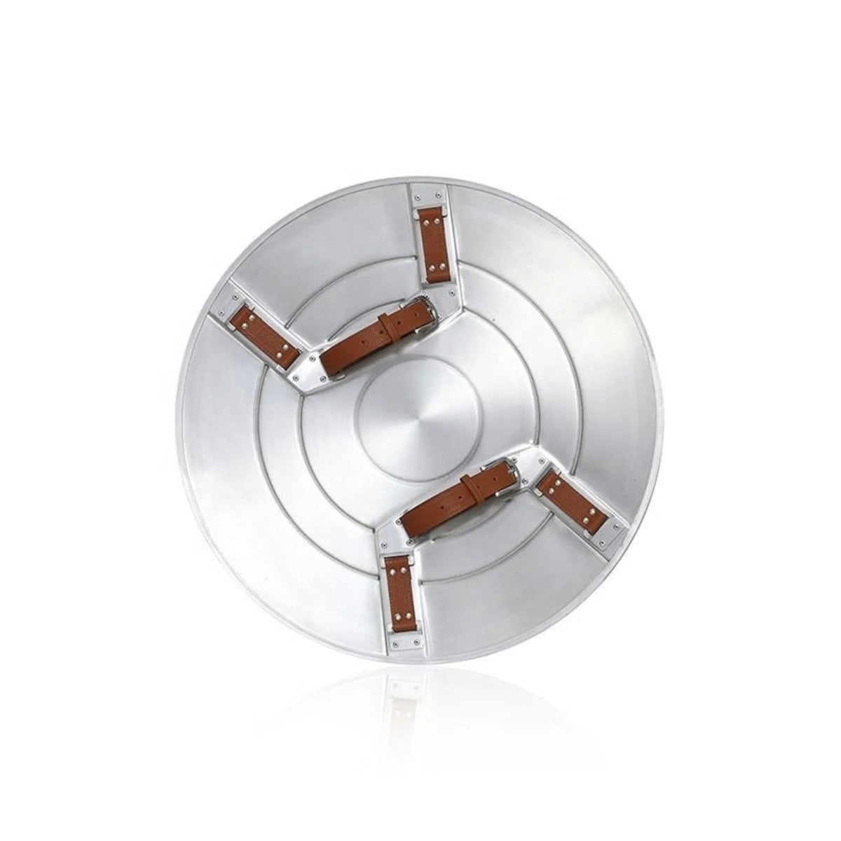 A round silver metal diffuser or reflector with three brown leather strap accents, shown from a top-down view on a white background.