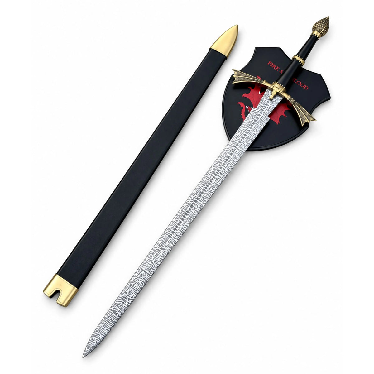 A decorative sword with a textured silver blade, black handle and scabbard, and gold accents, shown alongside a black shield featuring a red dragon design and the words 'FIRST BLOOD'.