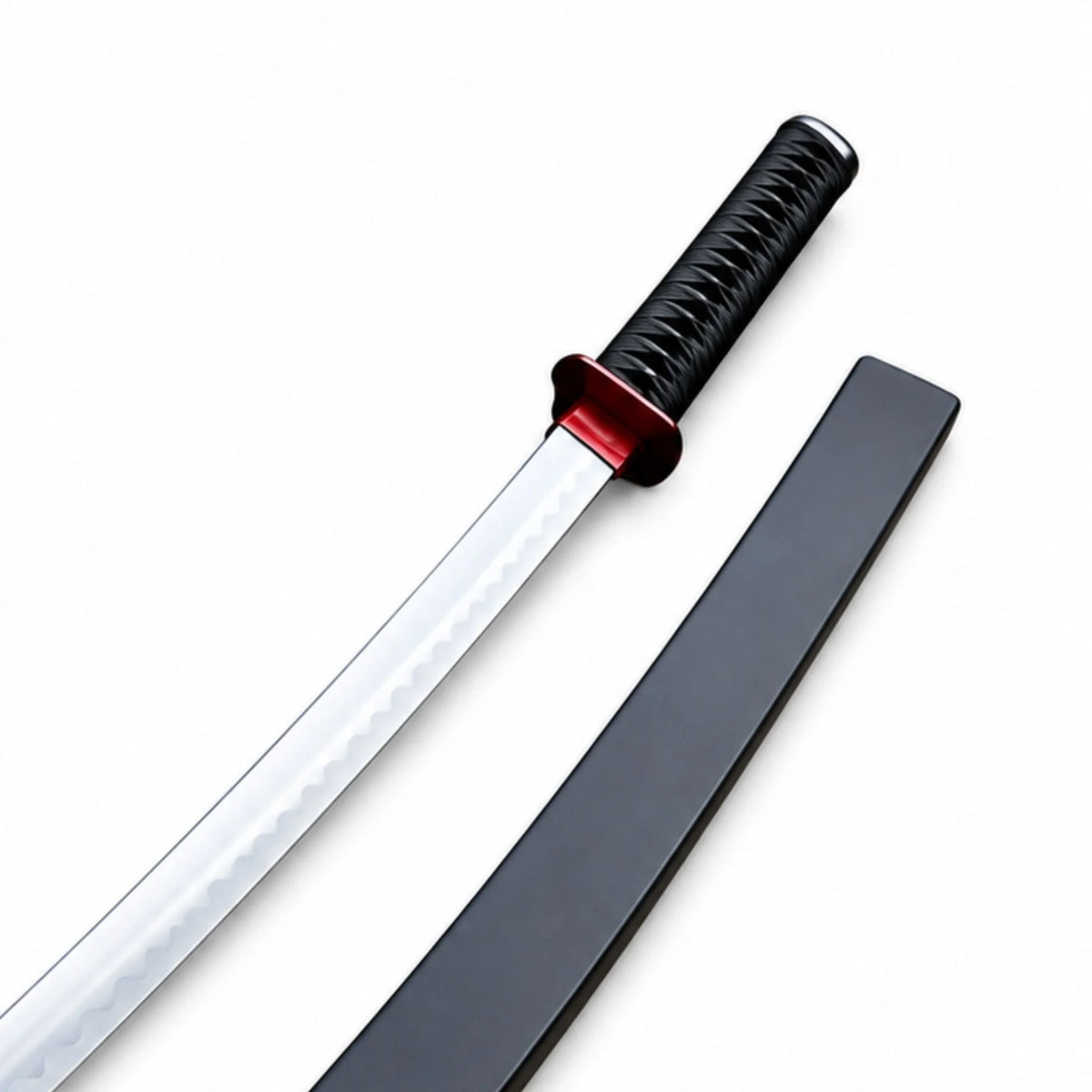 A Japanese-style sword with a silver patterned blade, a black wrapped handle with a red accent, and a black scabbard, shown on a plain white background.