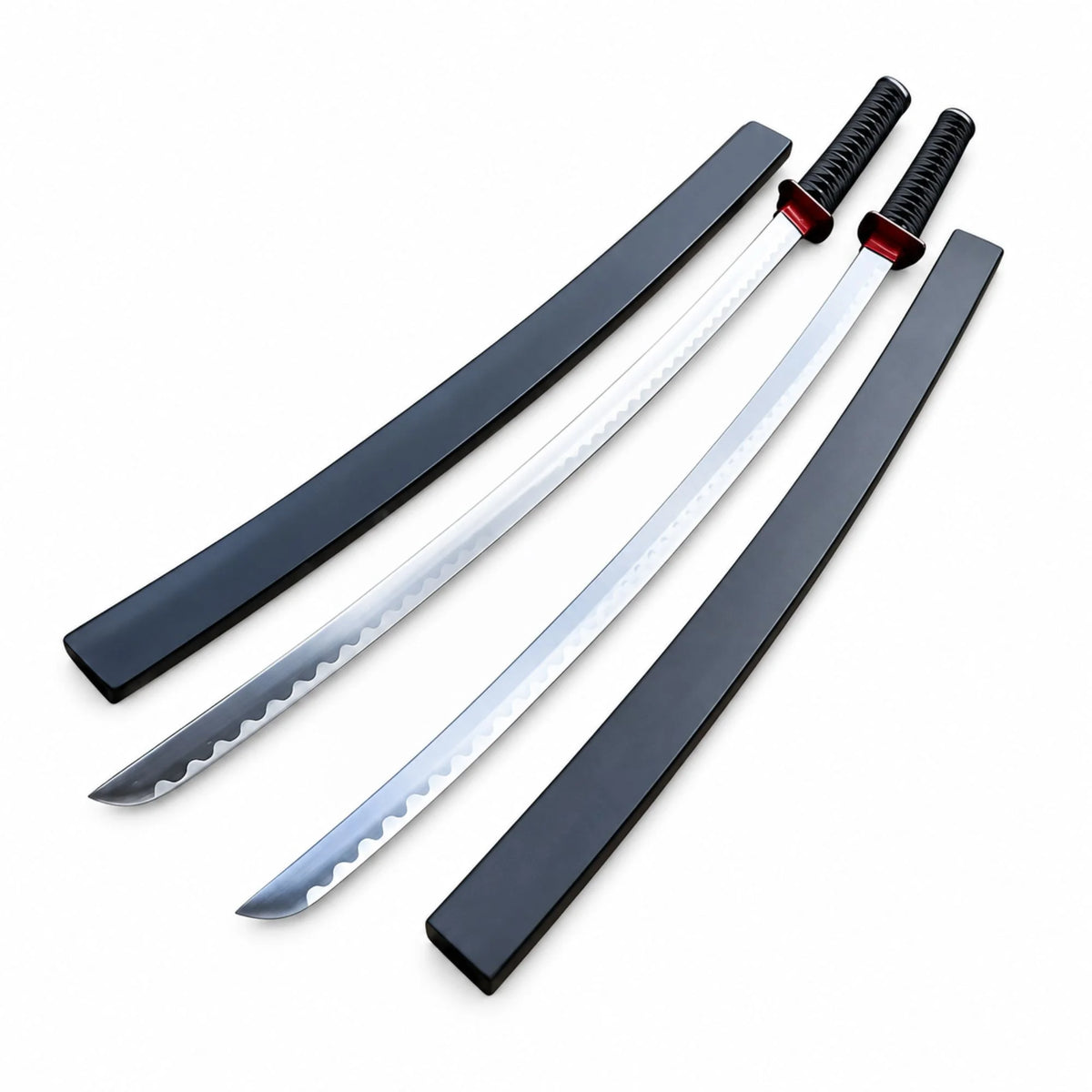 Two Japanese-style swords with silver patterned blades, black handles, and black scabbards, arranged diagonally on a white background.