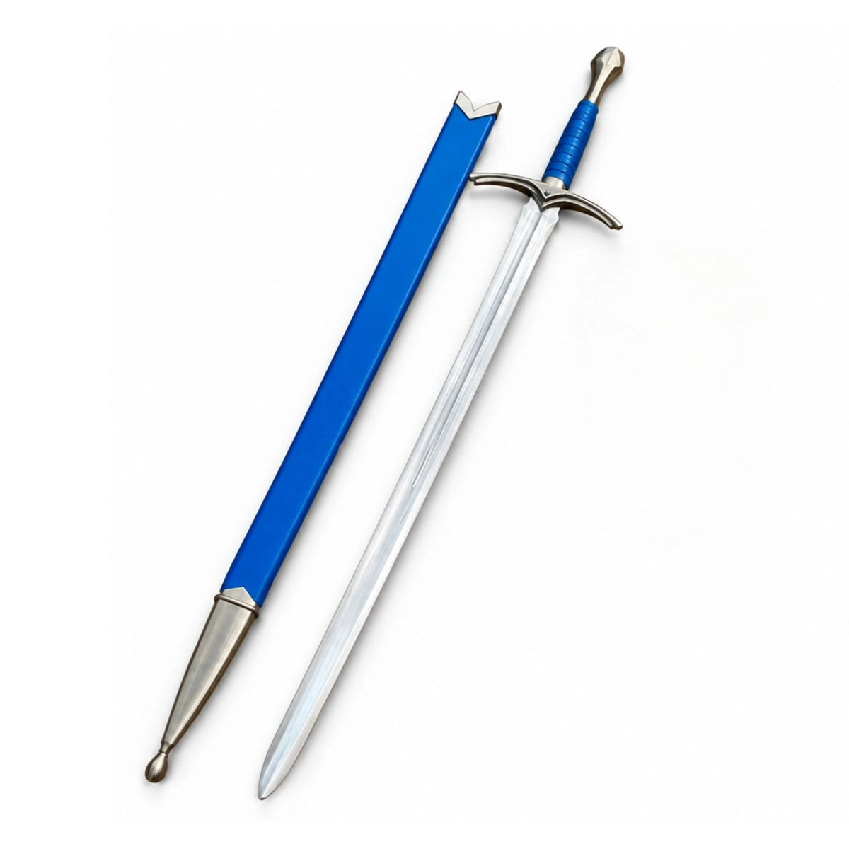 A decorative sword with a silver-colored blade and a bright blue wrapped hilt, shown next to its matching blue sheath on a plain white background.
