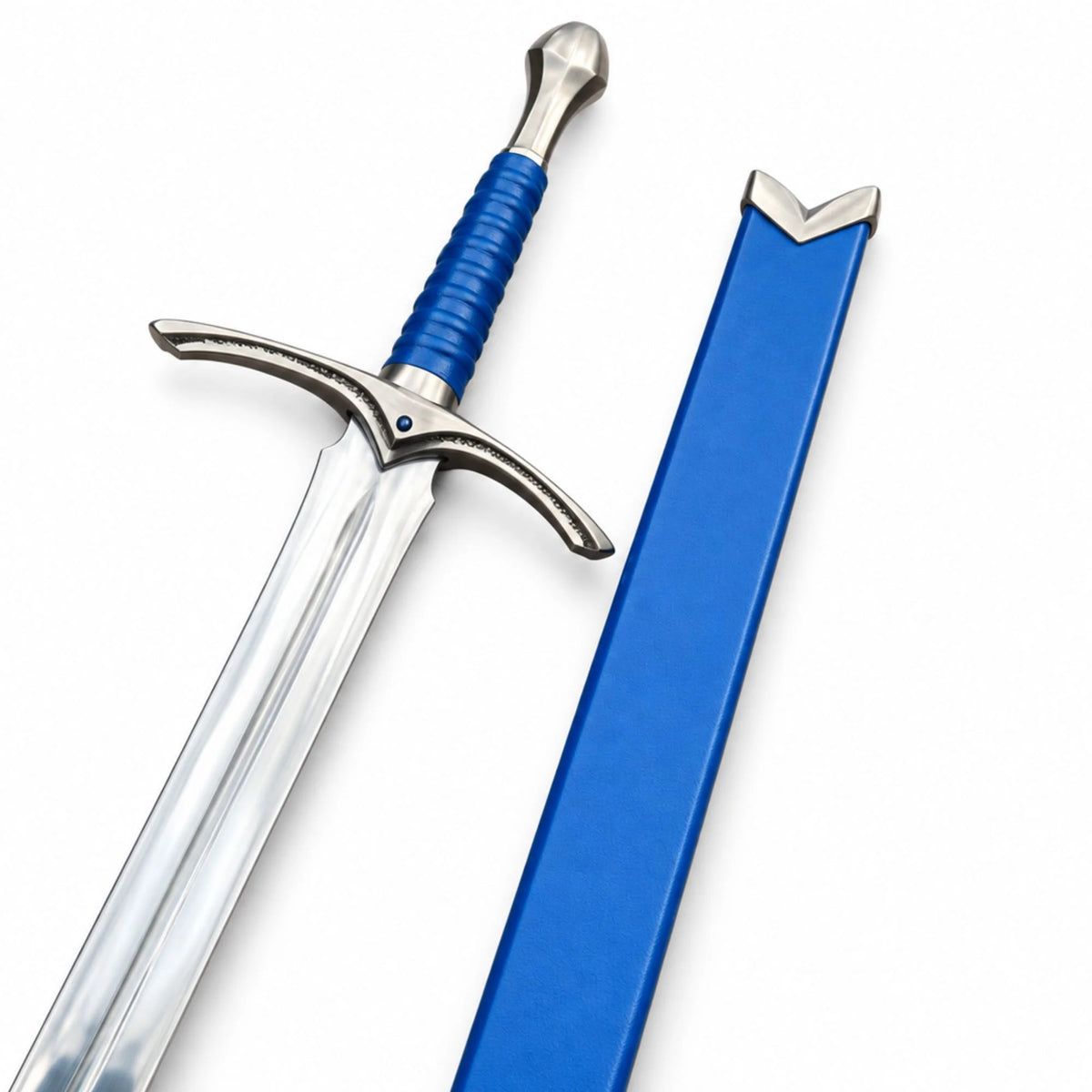 A silver-colored sword with a textured blue grip and matching blue sheath, displayed diagonally on a clean white background.
