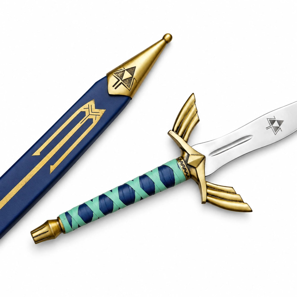 A decorative fantasy-style sword and matching sheath on a clean white background. The sheath is dark blue with gold detailing, and the sword has a silver blade, gold guard and pommel, and a turquoise-and-navy patterned grip.