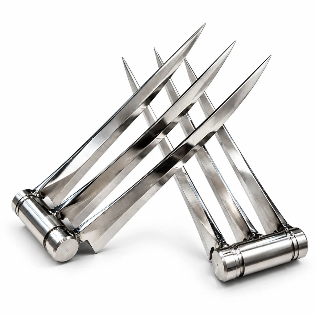 A pair of metallic claw-like tools with long polished silver blades and cylindrical handles, photographed on a clean white background.