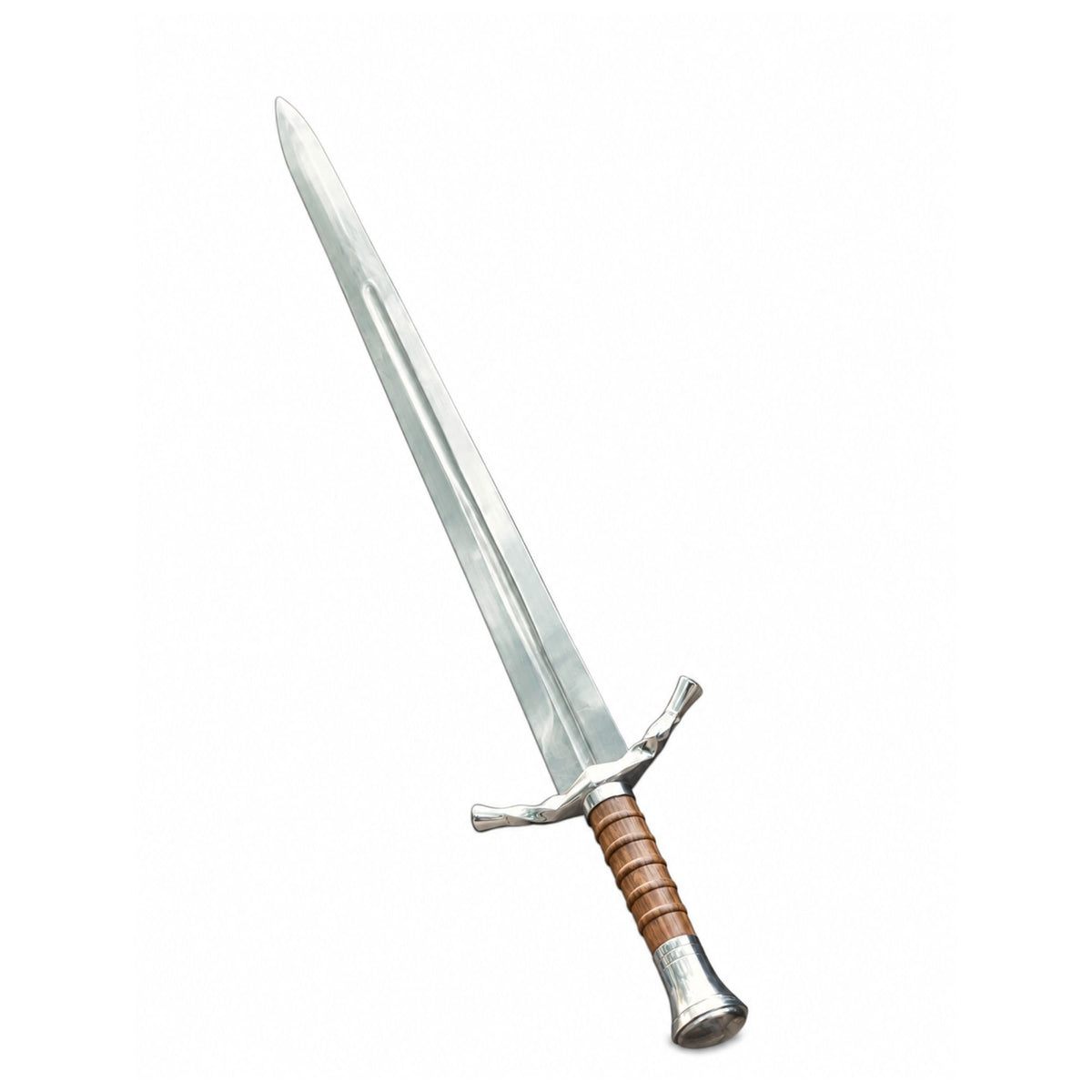 A medieval-style sword with a silver steel blade, a silver crossguard and pommel, and a brown wrapped grip, shown diagonally on a plain white background.
