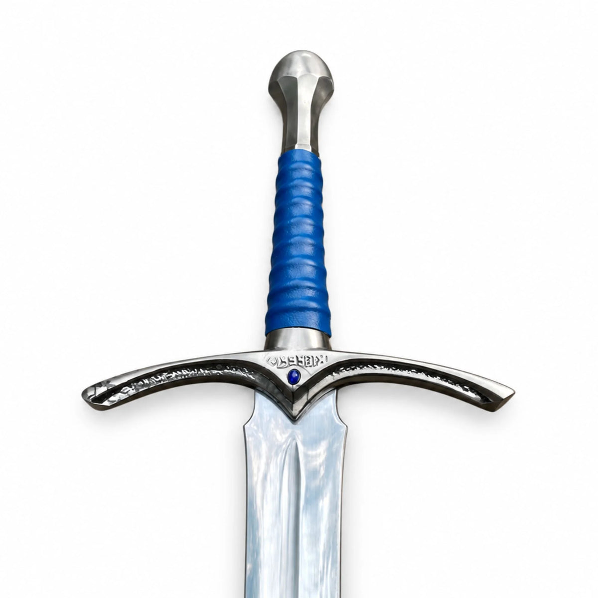 A close-up of a sword hilt and upper blade against a plain white background. The hilt features a textured royal blue grip, a silver crossguard engraved with 'CERBERUS', and a silver pommel and guard.