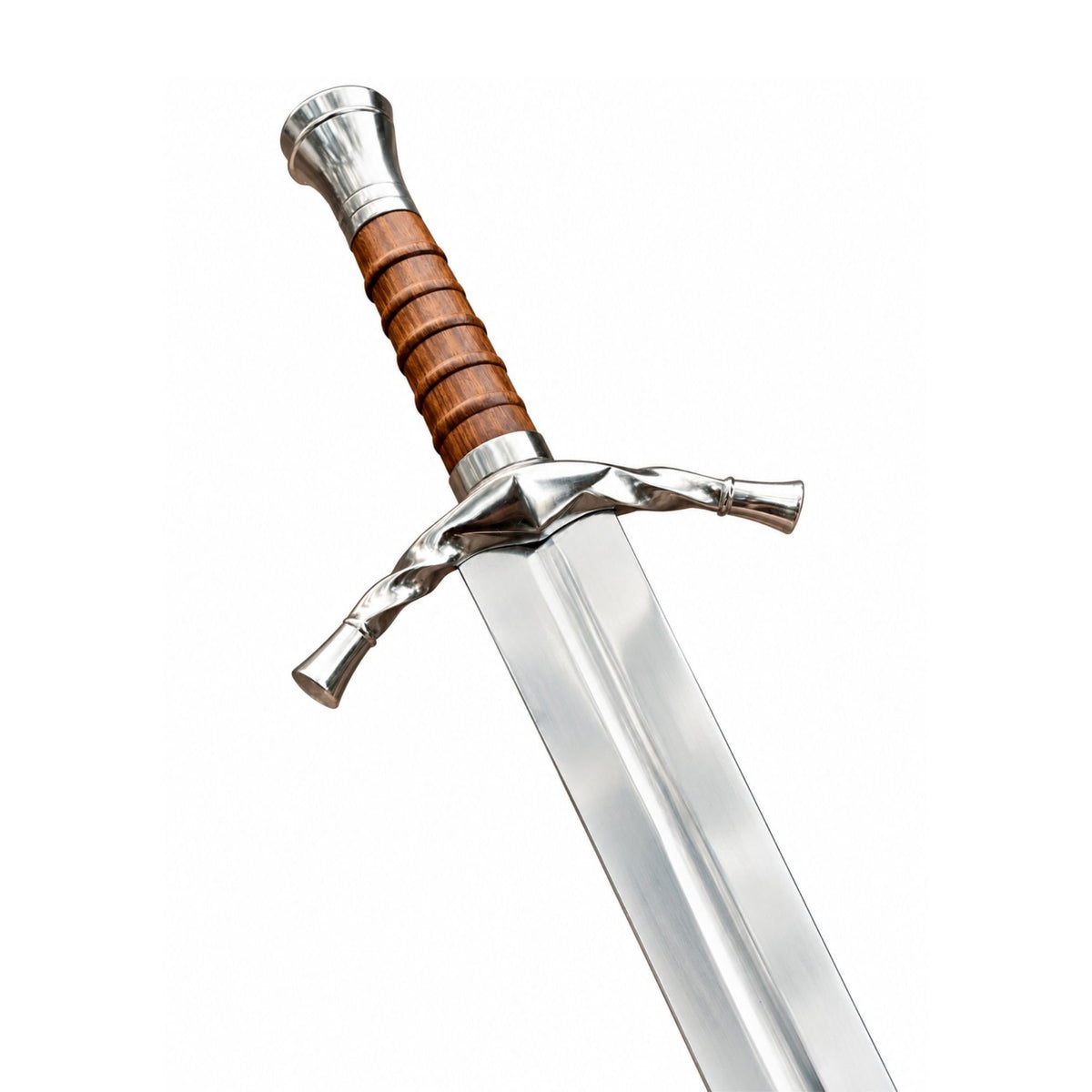 A medieval-style sword with a polished silver steel blade, a brown wooden grip, and a silver crossguard, shown against a plain white background.