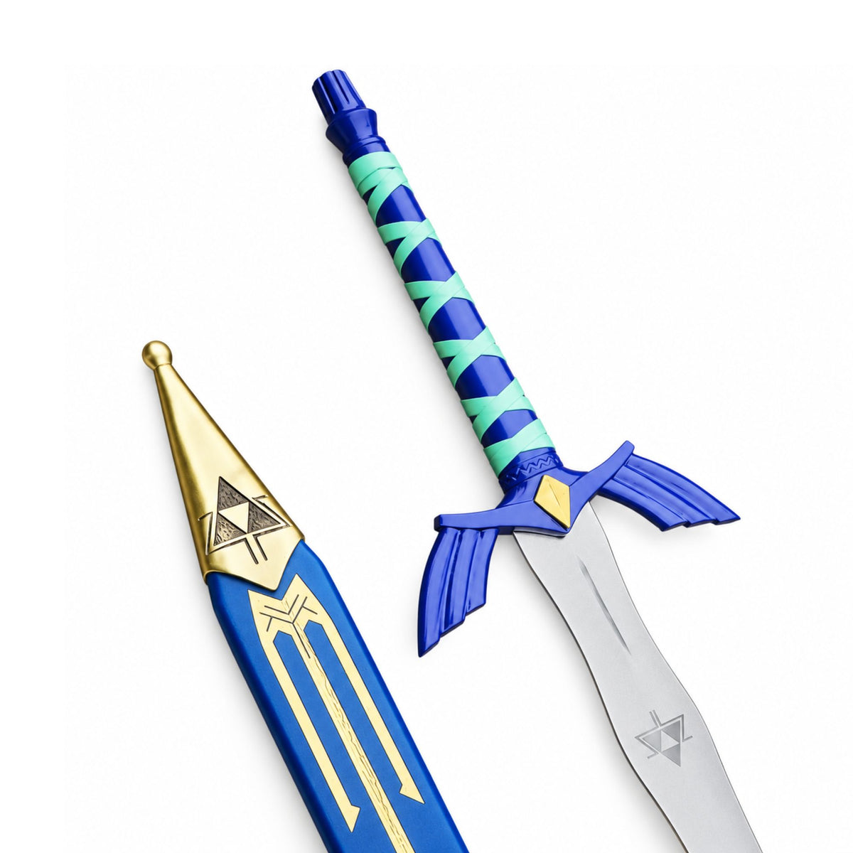 A fantasy-style sword and matching sheath shown on a clean white background. The sword has a blue wrapped handle, blue guard, silver blade, and small gold accent.